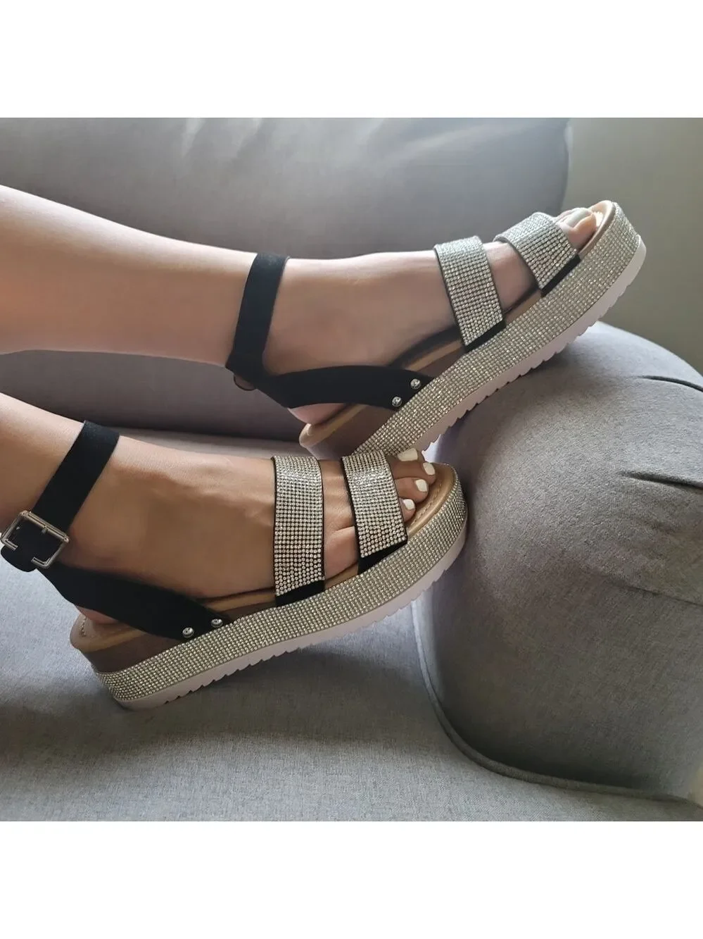 Women's glitter rhinestone 2 band platform sandals
